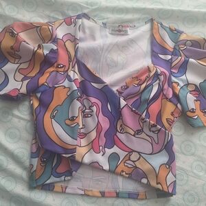 Abstract Face Print Wrap Top in Pastel Multi